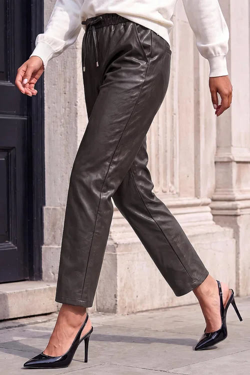 Roman Chocolate Petite Faux Leather Textured Drawstring Trouser - 8 Image 1