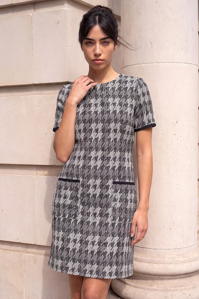 Roman Black Petite Houndstooth Dress