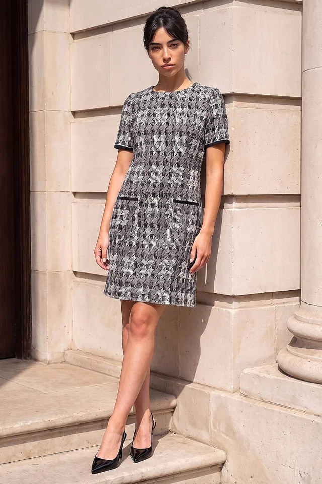 Roman Black Petite Houndstooth Dress