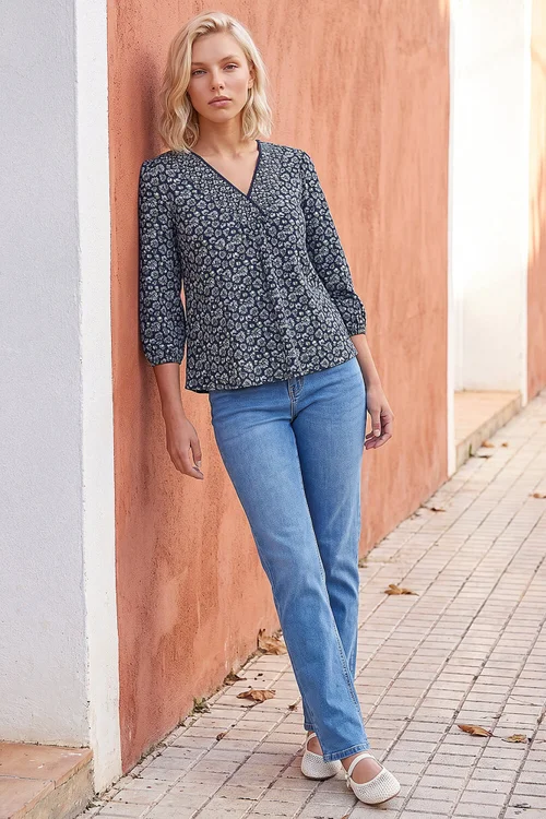 Roman Navy Petite Floral Print Stretch Top - 18 Image 2