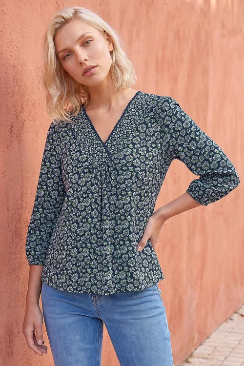 Roman Navy Petite Floral Print Stretch Top - 18 Image 1