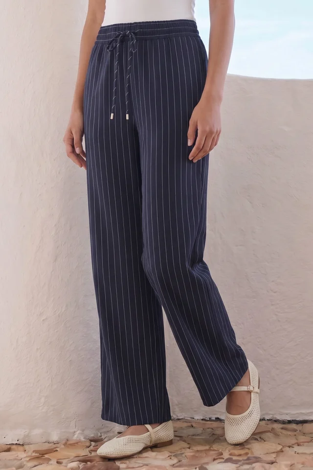 Roman Navy Petite Stripe Wide Leg Stretch Trouser