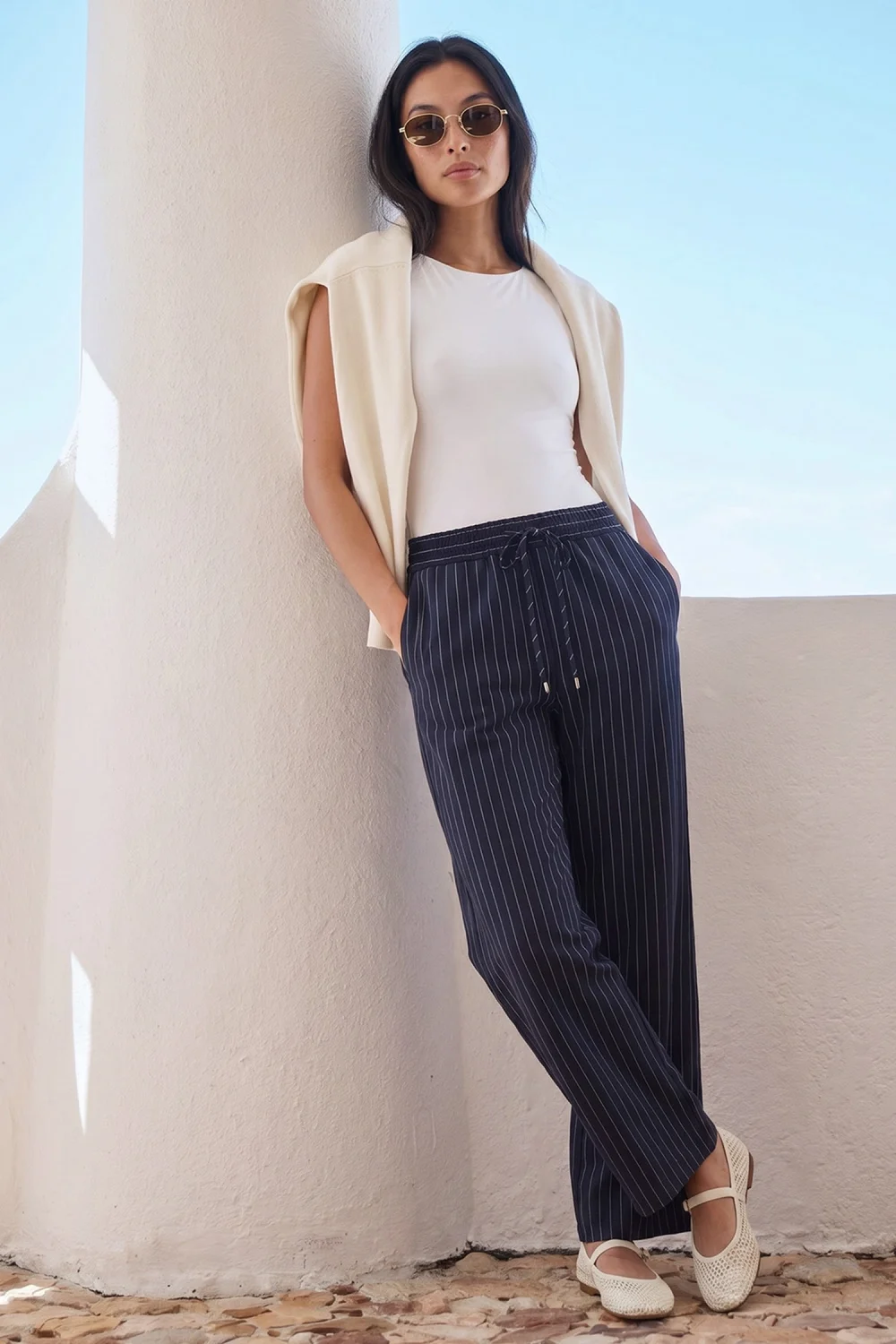 Roman Navy Petite Stripe Wide Leg Stretch Trouser - 18 Image 2