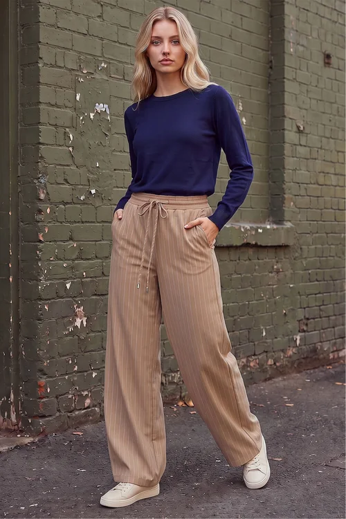 Roman Camel Petite Stripe Wide Leg Stretch Trouser - 12 Image 2