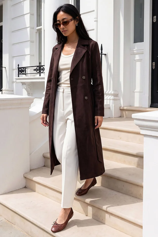 Roman Dark Brown Petite Faux Suede Trench Coat