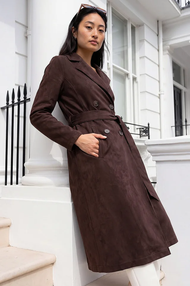 Roman Dark Brown Petite Faux Suede Trench Coat