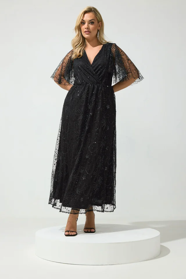 Yours London Curve Black Celestial Sequin Maxi Dress