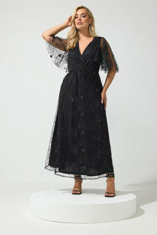Yours London Curve Black Celestial Sequin Maxi Dress - 26-28 Image 1