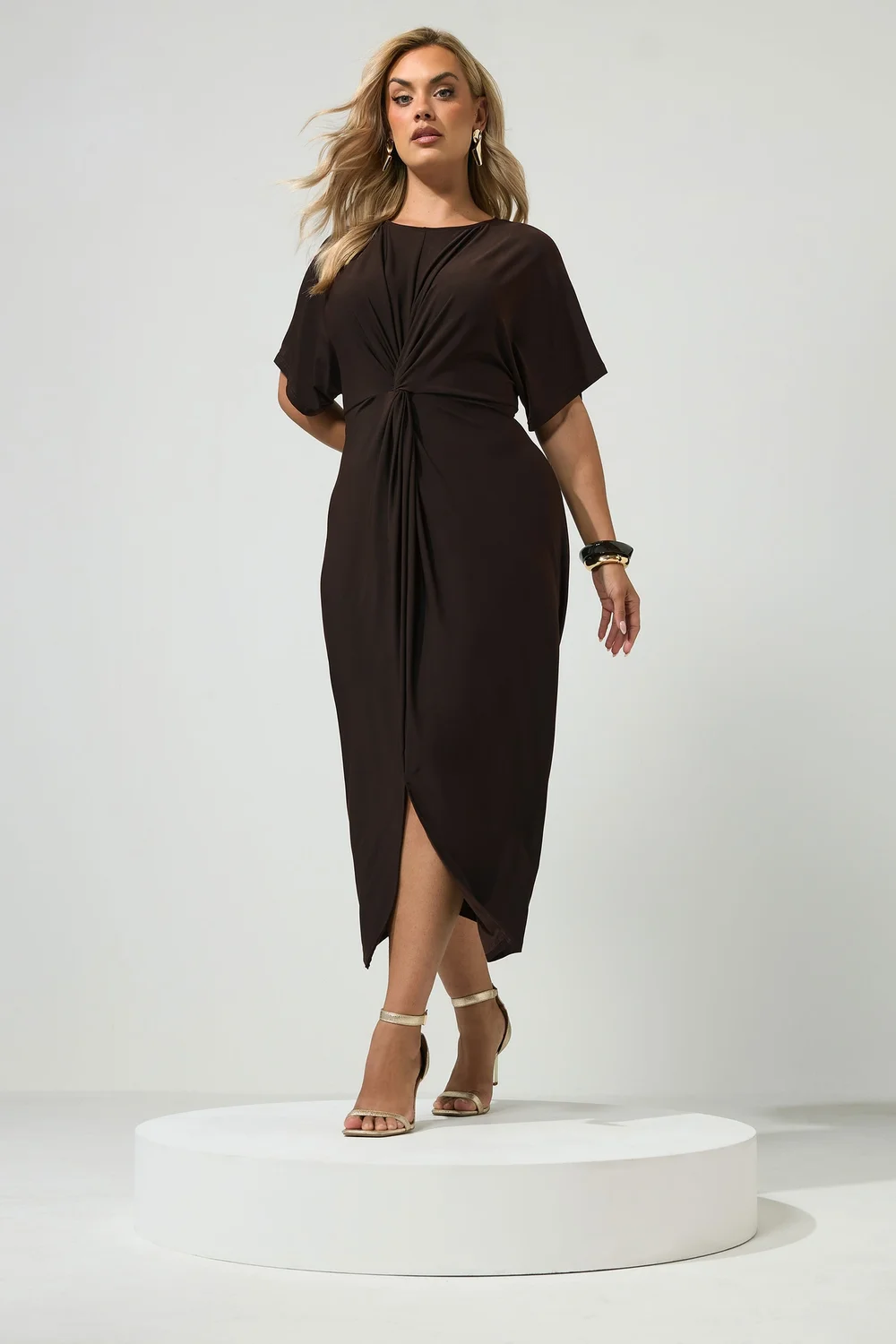 YOURS LONDON Curve Chocolate Brown Knot Front Dress - 12 Image 3