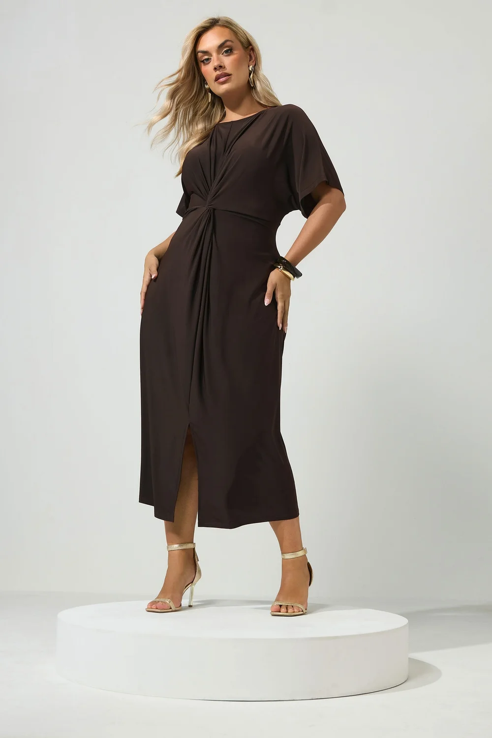 YOURS LONDON Curve Chocolate Brown Knot Front Dress - 12 Image 1