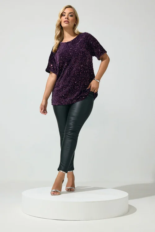 Yours London Curve Purple Sequin Velvet T-Shirt - 26-28 Image 2