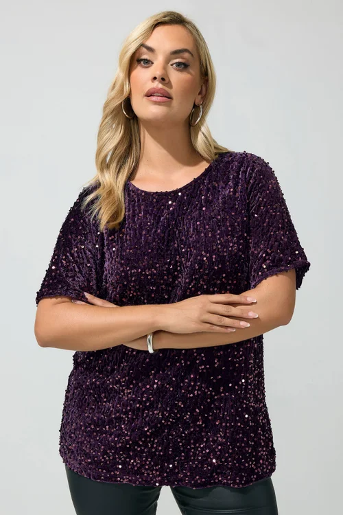 Yours London Curve Purple Sequin Velvet T-Shirt - 26-28 Image 1