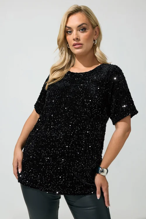 Yours London Curve Black Sequin Velvet T-Shirt - 14 Image 1
