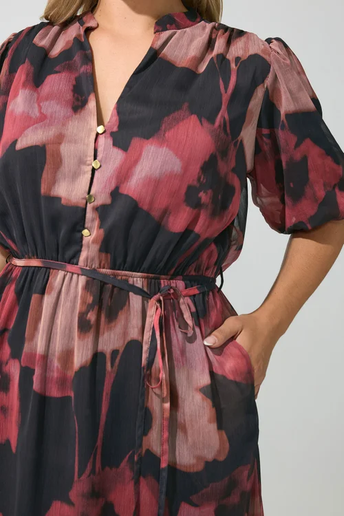 Yours London Curve Red Blurred Floral Puff Sleeve Dress - 18 Image 4
