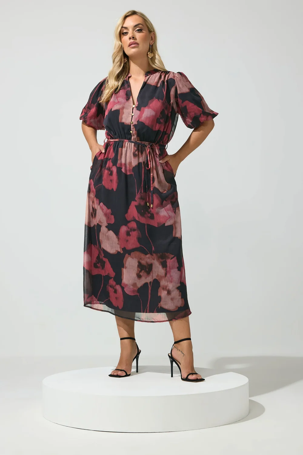 Yours London Curve Red Blurred Floral Puff Sleeve Dress - 18 Image 1