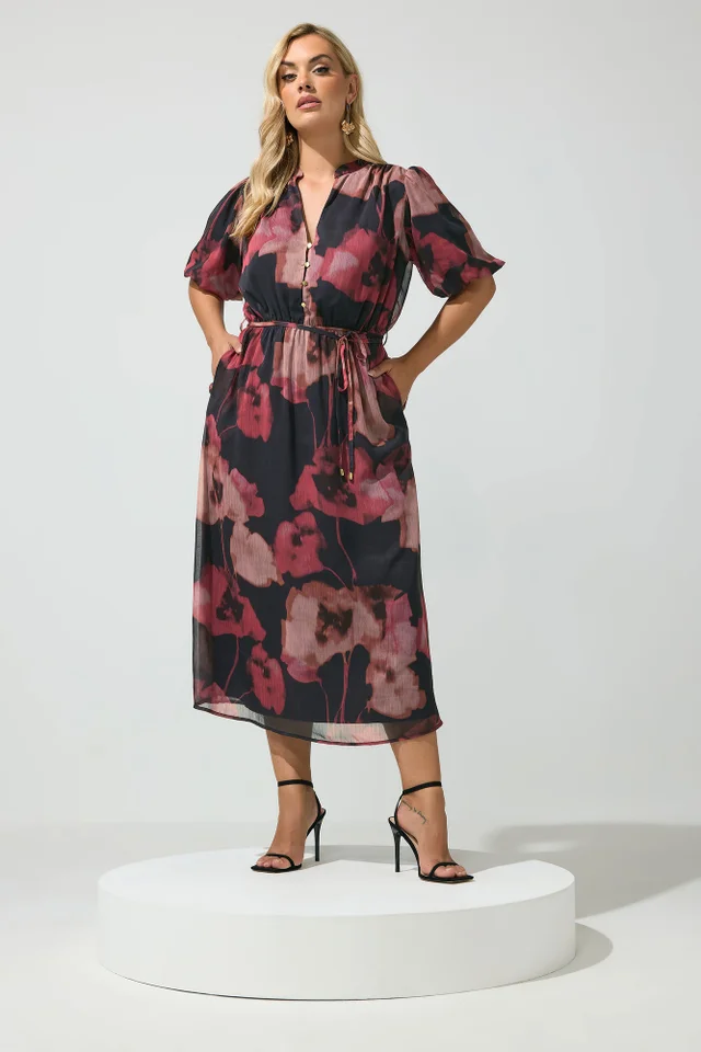 Yours London Curve Red Blurred Floral Puff Sleeve Dress