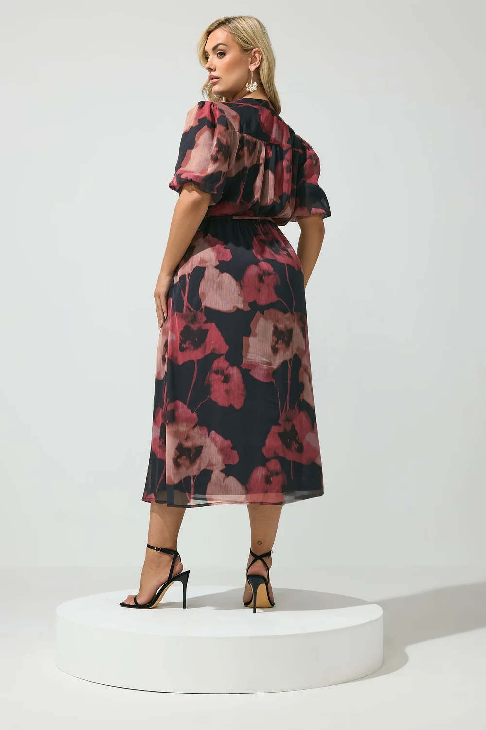 Yours London Curve Red Blurred Floral Puff Sleeve Dress - 18 Image 3