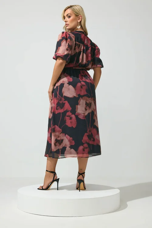 Yours London Curve Red Blurred Floral Puff Sleeve Dress - 18 Image 3