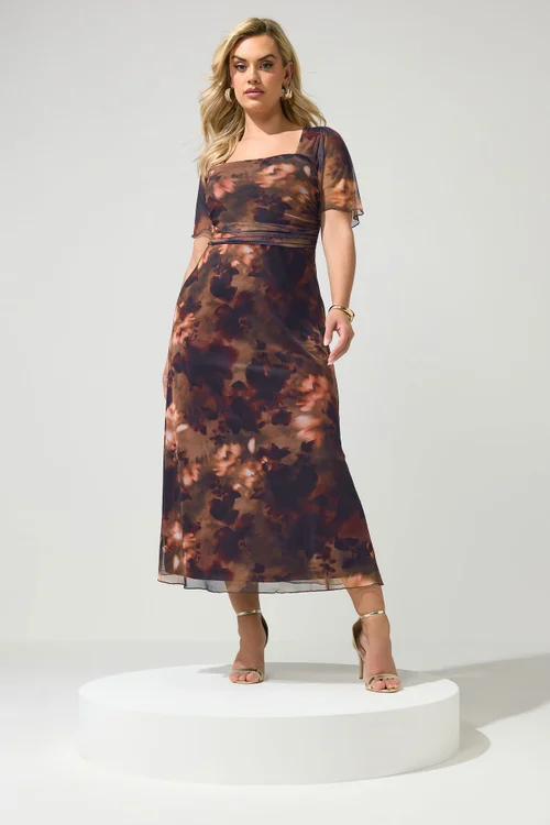 Yours London Curve Brown Floral Square Neck Maxi Dress - 20 Image 1