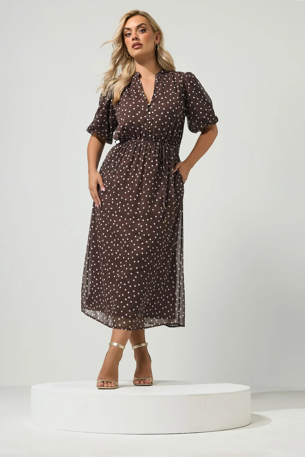 Yours London Curve Chocolate Brown Polka Dot Puff Sleeve Dress - 14 Image 2
