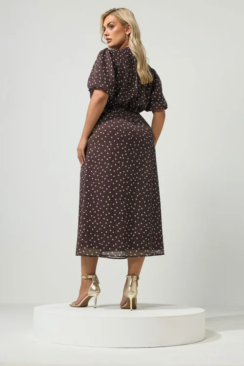 Yours London Curve Chocolate Brown Polka Dot Puff Sleeve Dress - 14 Image 3