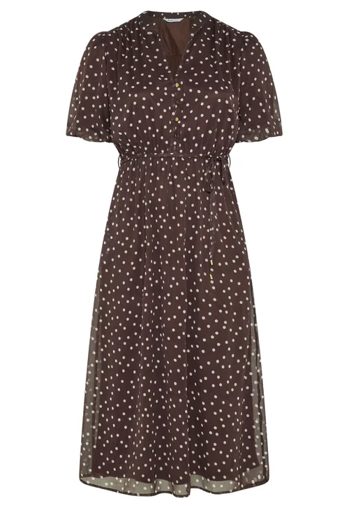 Yours London Curve Chocolate Brown Polka Dot Puff Sleeve Dress - 14 Image 5