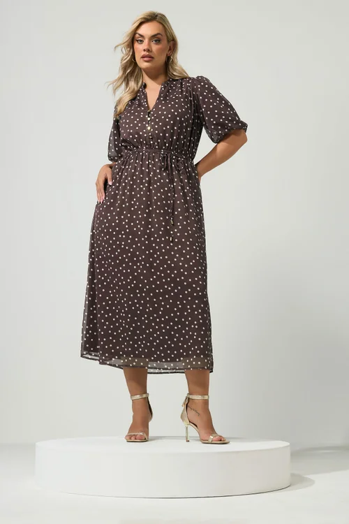 Yours London Curve Chocolate Brown Polka Dot Puff Sleeve Dress - 14 Image 1