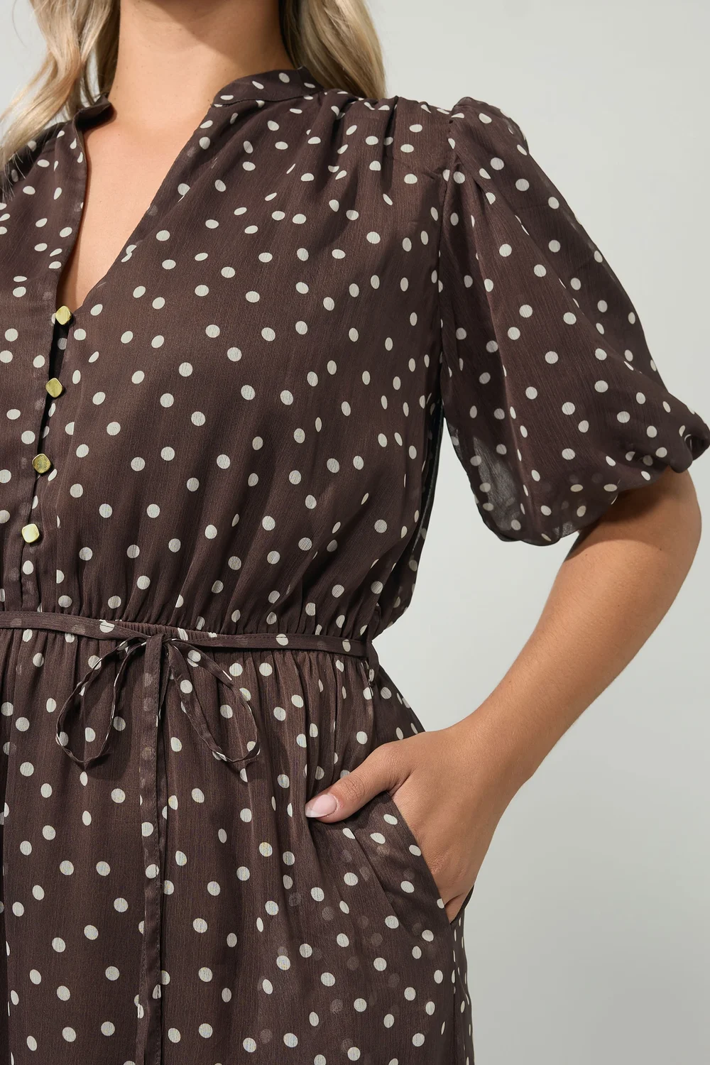 Yours London Curve Chocolate Brown Polka Dot Puff Sleeve Dress - 14 Image 4