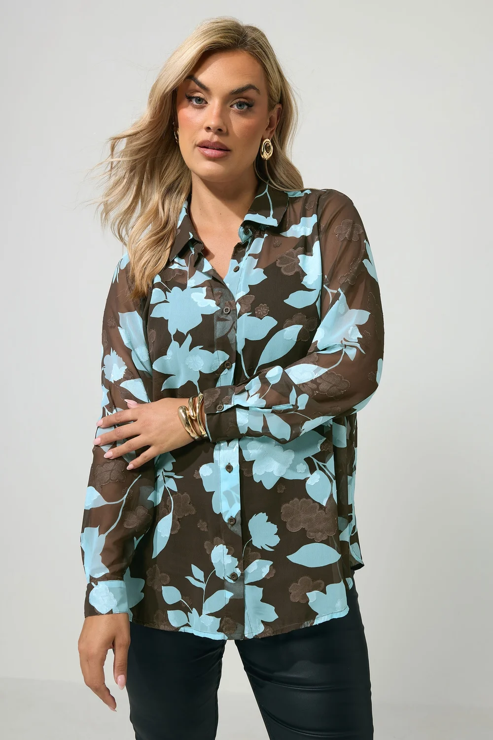 Yours London Curve Chocolate Brown & Blue Jacquard Shirt - 12 Image 1
