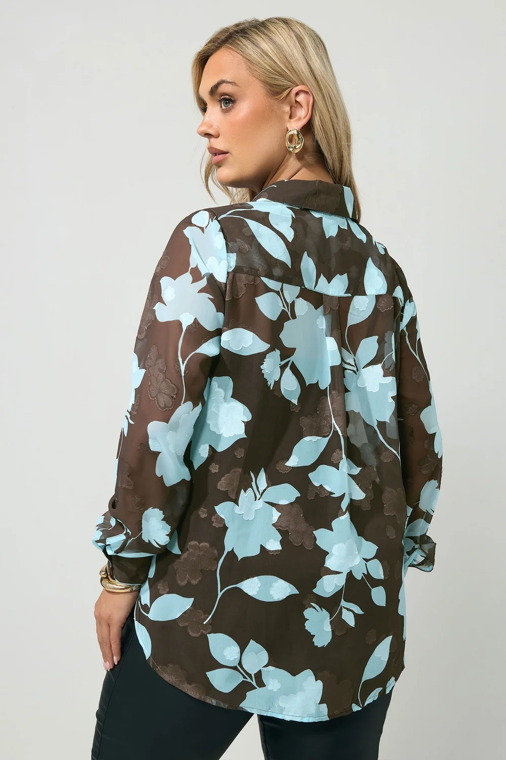 Yours London Curve Chocolate Brown & Blue Jacquard Shirt - 12 Image 3