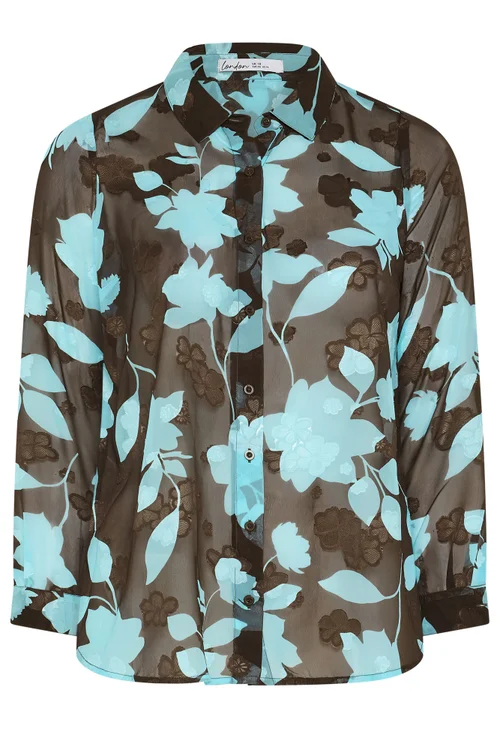 Yours London Curve Chocolate Brown & Blue Jacquard Shirt - 12 Image 5