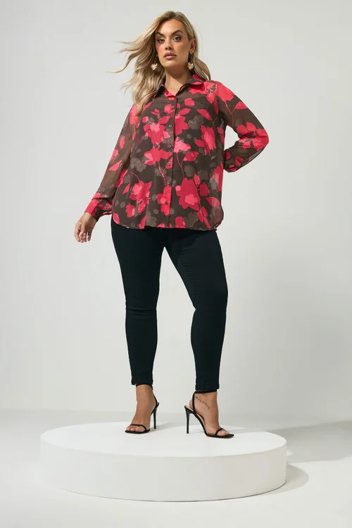Yours London Curve Chocolate Brown & Pink Jacquard Shirt - 10 Image 2