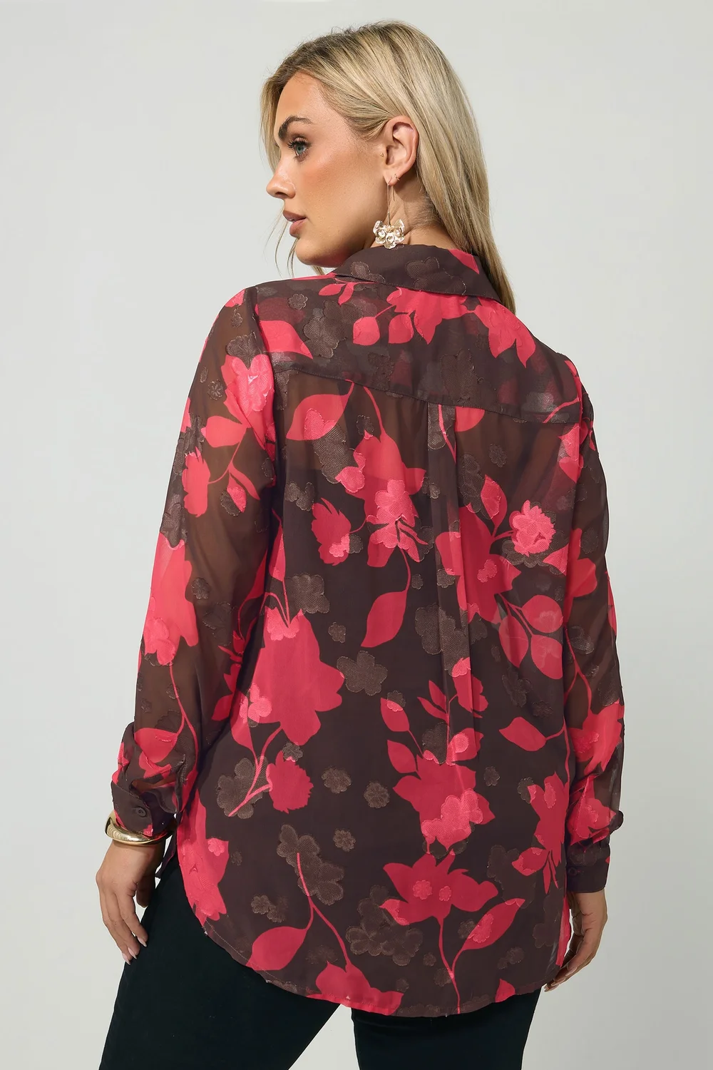 Yours London Curve Chocolate Brown & Pink Jacquard Shirt - 10 Image 3