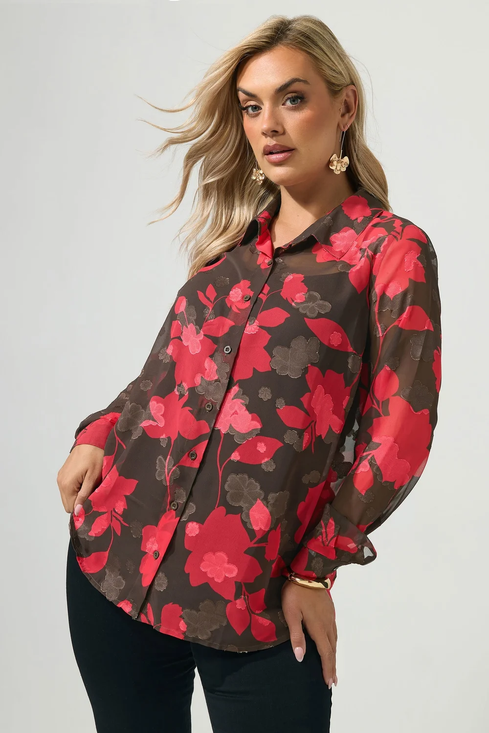 Yours London Curve Chocolate Brown & Pink Jacquard Shirt - 10 Image 1