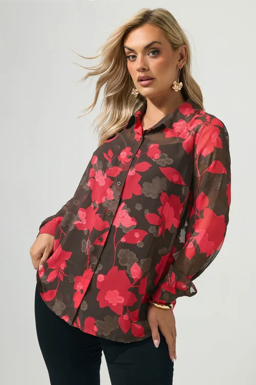 Yours London Curve Chocolate Brown & Pink Jacquard Shirt - 10 Image 1