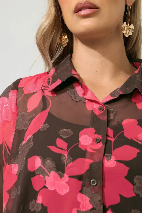 Yours London Curve Chocolate Brown & Pink Jacquard Shirt - 10 Image 4