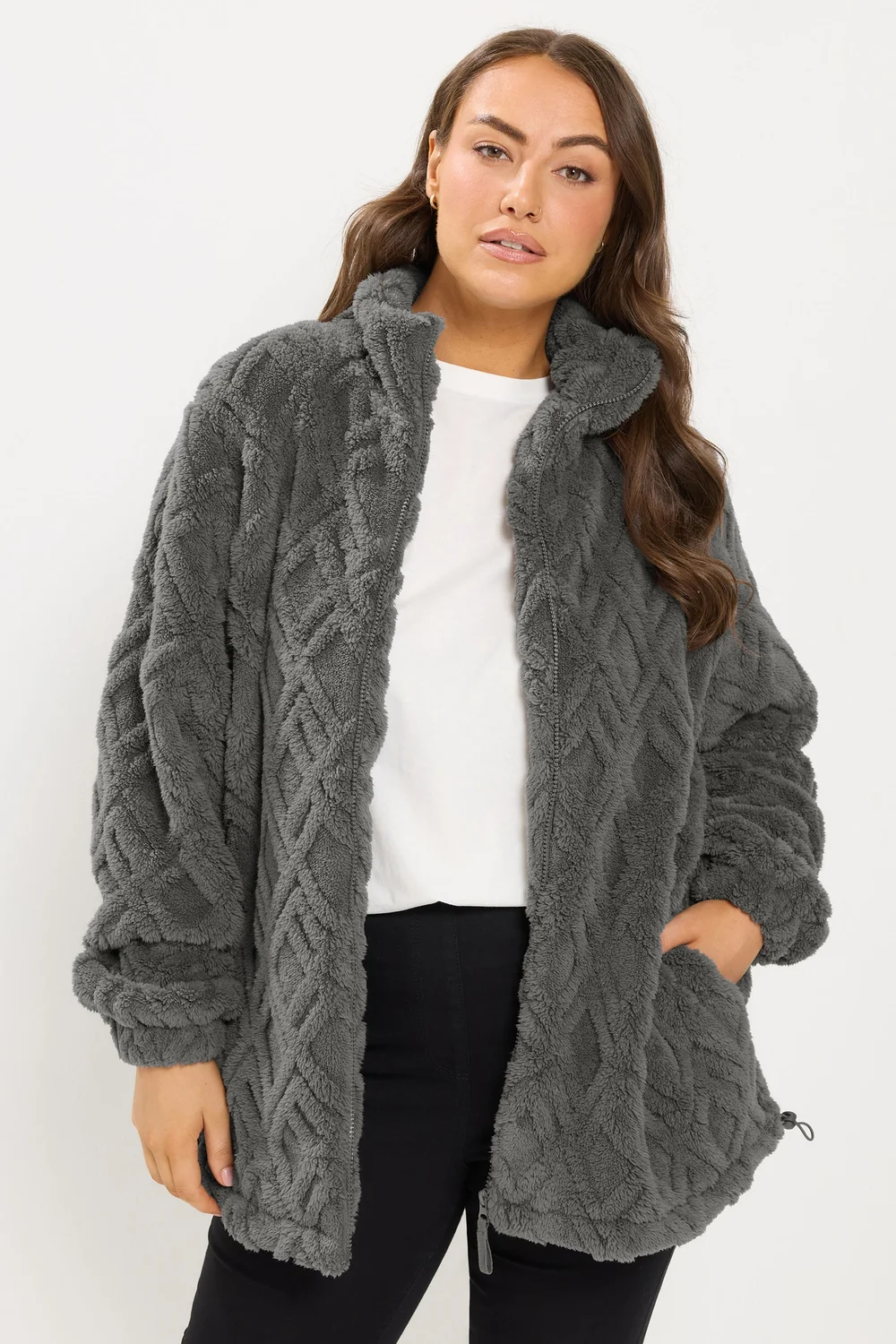 Yours Curve Charcoal Grey Textured Fleece Jacket - 14 Image 1