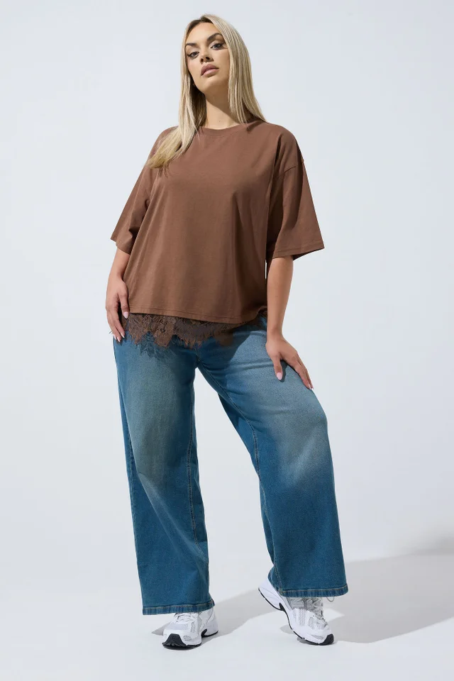 Yours Limited Curve Chocolate Brown Oversized Lace Hem T-Shirt