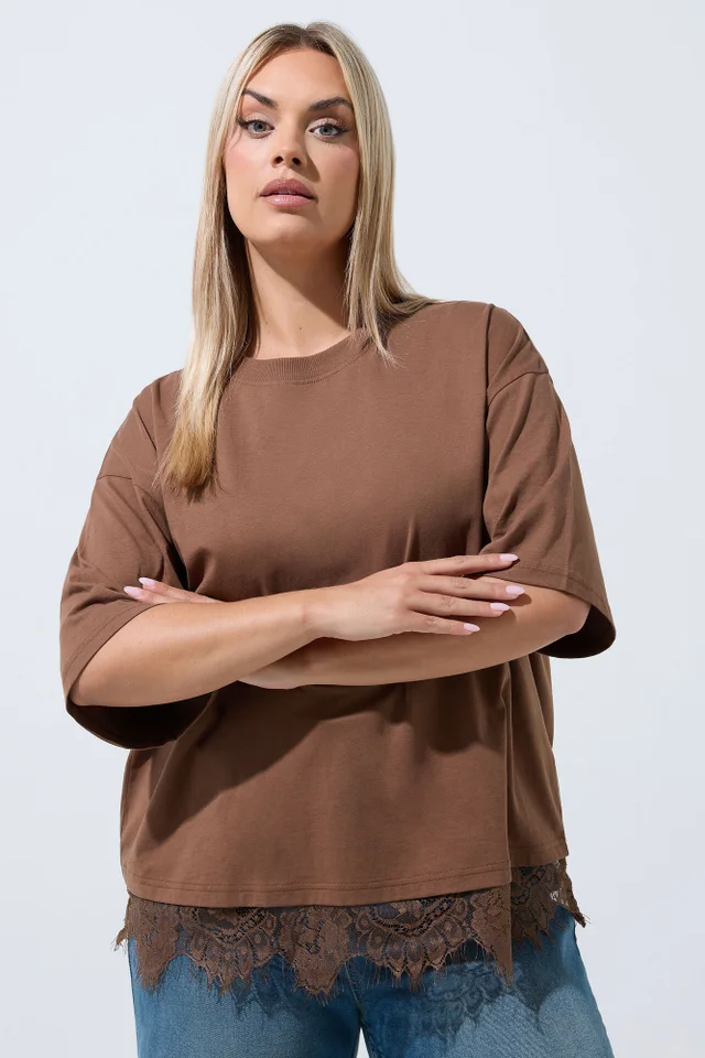 Yours Limited Curve Chocolate Brown Oversized Lace Hem T-Shirt