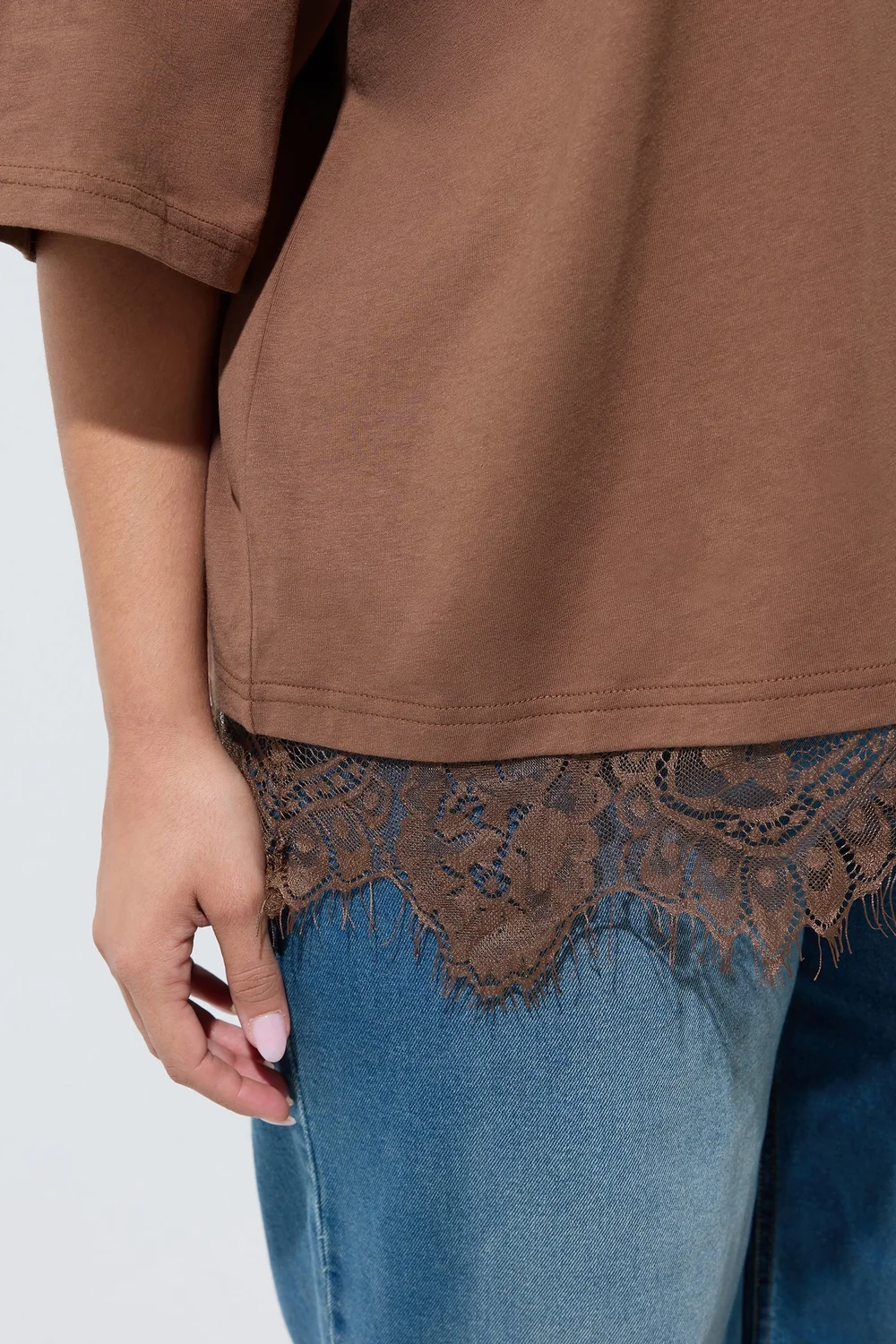 Yours Limited Curve Chocolate Brown Oversized Lace Hem T-Shirt - 16 Image 5