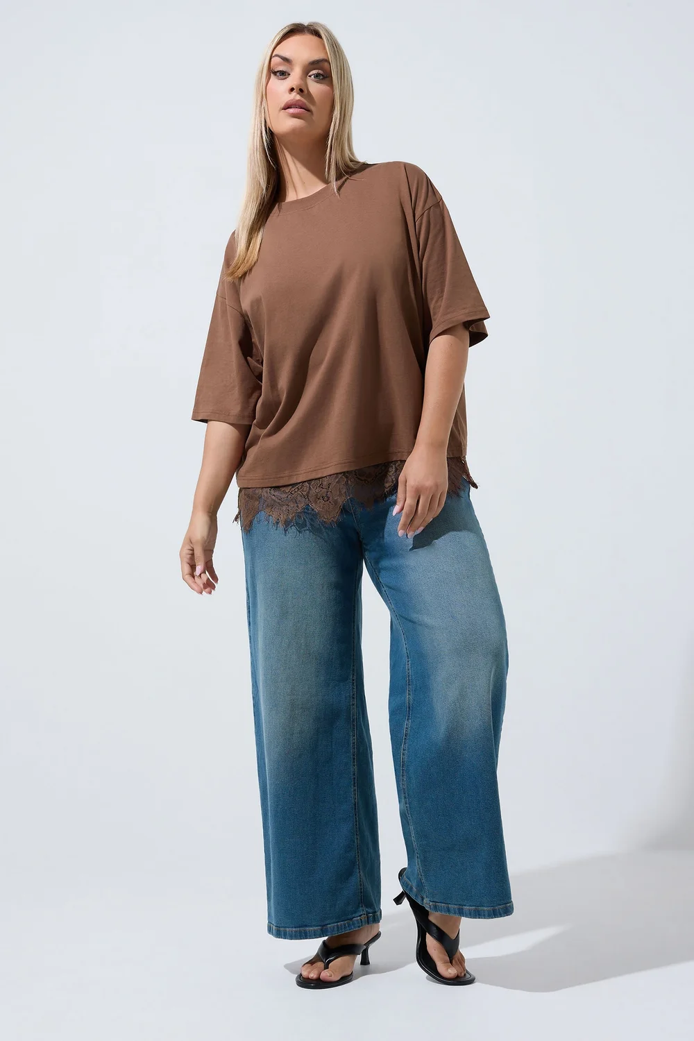 Yours Limited Curve Chocolate Brown Oversized Lace Hem T-Shirt - 16 Image 3