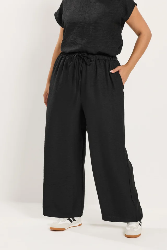 Yours Curve Black Textured Wide Leg Trousers