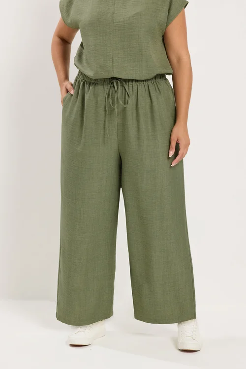 Yours Curve Khaki Green Textured Wide Leg Trousers - 22-24 Image 1