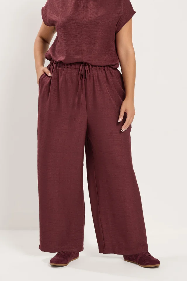 Yours Curve Wine Red Textured Wide Leg Trousers