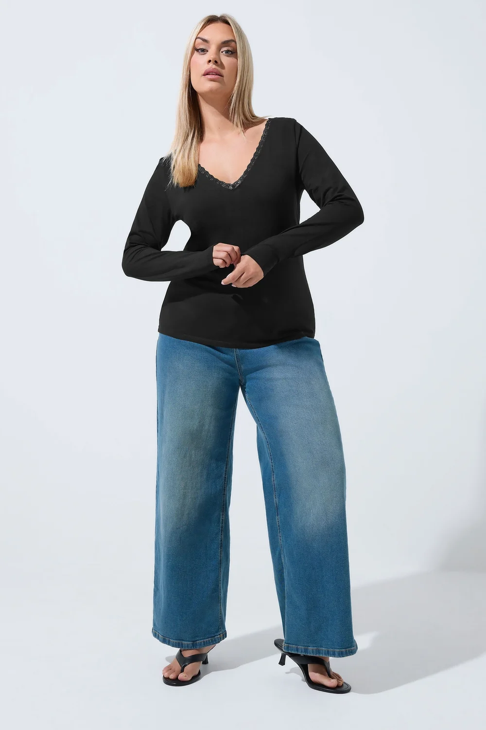 Yours Limited Curve Black Lace Trim Long Sleeve Top - 20 Image 3