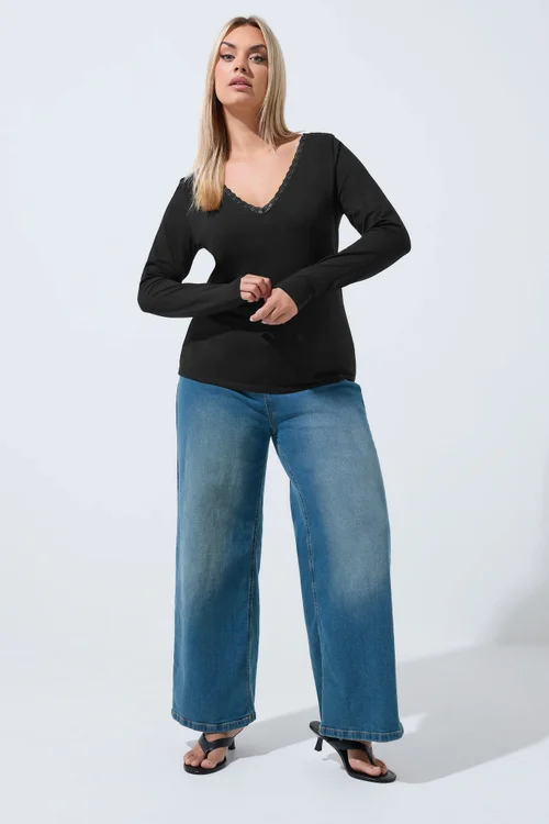 Yours Limited Curve Black Lace Trim Long Sleeve Top - 20 Image 3