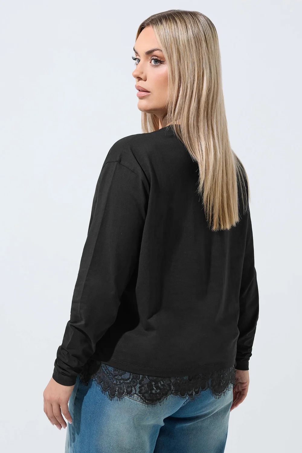 Yours Limited Curve Black Lace Hem Long Sleeve T-Shirt - 14 Image 4