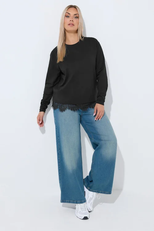 Yours Limited Curve Black Lace Hem Long Sleeve T-Shirt - 14 Image 3