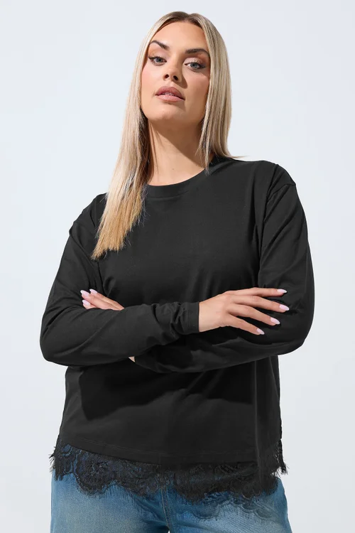 Yours Limited Curve Black Lace Hem Long Sleeve T-Shirt - 14 Image 1