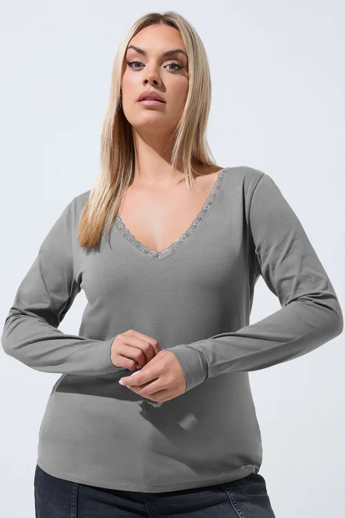 Yours Limited Curve Grey Lace Trim Top - 10 Image 1